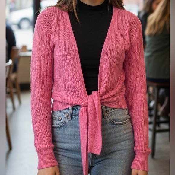 Hyped Unicorn Sweaters - Hyped Unicorn Pink Front Tie Knot Long Sleeve Knit Cropped Cardigan Size S/M NWT